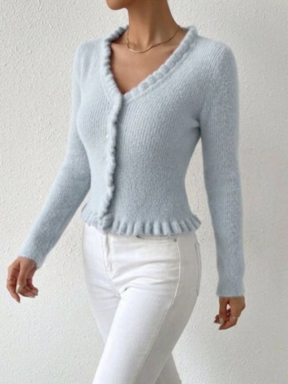 Fuzzy Mint Blue Ruffle Trim Cardigan - Small